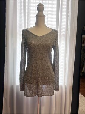 H&M Metallic Silver Long Sleeve Sheer Knit Top